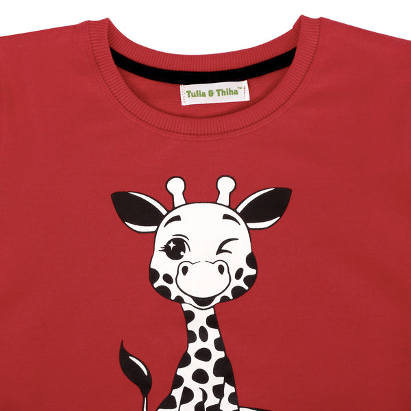 Red Sweatshirt Cotton Round Neck Regular Fit Giraffe