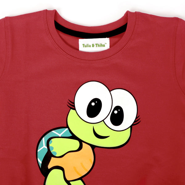 Red Sweatshirt Cotton Round Neck Regular Fit Turtle