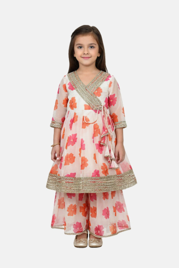 Girls Ethnic Organza Sharara Outfit - Floral White & Pink