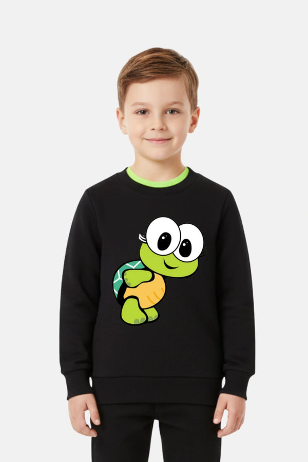 Unisex Kids Sweatshirt – 100% Cotton Terry Winter Black Pullover - Turtle Print