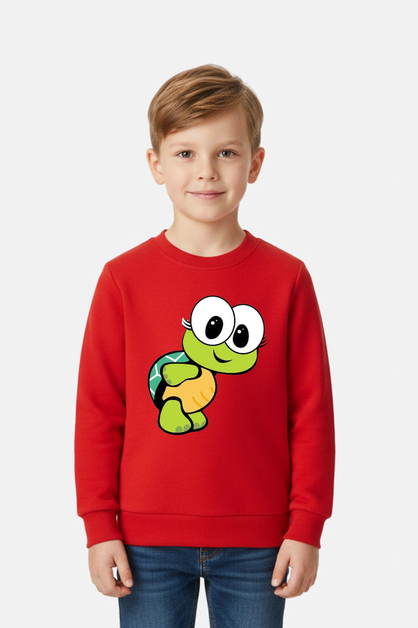 Unisex Kids Sweatshirt – 100% Cotton Terry Winter Red Pullover - Turtle Print