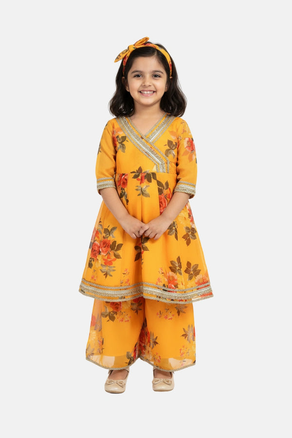 Girls Ethnic Organza Sharara Outfit - Floral Yellow & Red